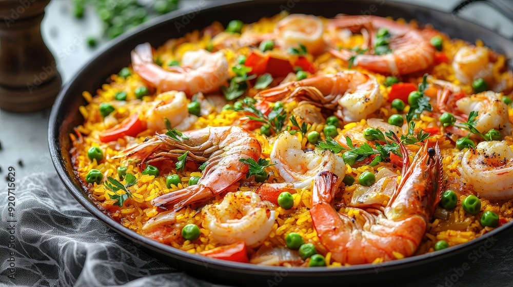 A vibrant seafood paella filled with shrimp, green peas, and colorful vegetables is being served on a rustic wooden table A vibrant seafood paella filled with shrimp, green peas, and colorful vegetables is being served on a rustic wooden table