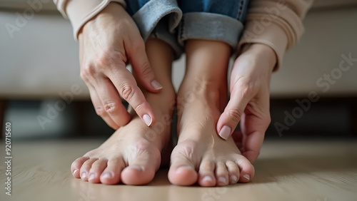 Elderly woman swollen feet putting on shoes stock photo