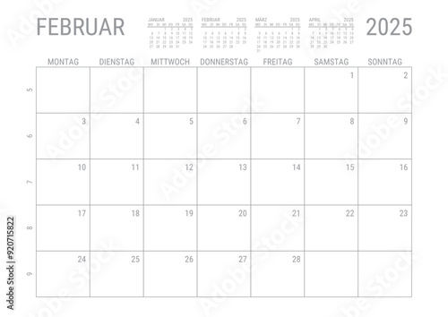 Monat Kalender Februar 2025 Monatskalender Kalenderblatt Kalendarium mit Kalenderwoche Planer DIN A4 Deutsch	