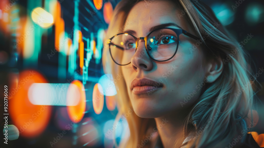 Close-up of a woman in business clothes and glasses near a digital screen. Business concept. Close-up of a woman in business clothes and glasses near a digital screen. Business concept.