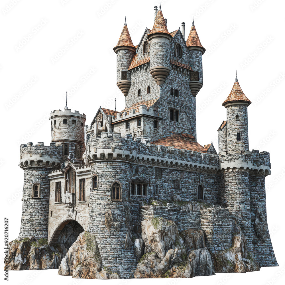 Fototapeta premium PNG Majestic stone castle on rocky terrain