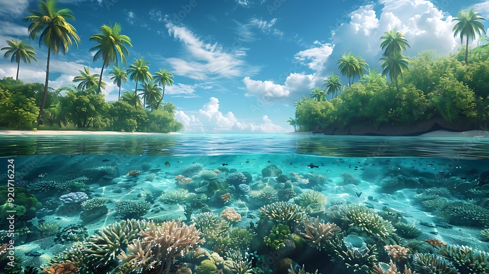 A digital artwork of a tropical paradise island with tall palm trees, crystal-clear water, and vibrant coral reefs, sunny day with few clouds, detailed and vibrant, A digital artwork of a tropical paradise island with tall palm trees, crystal-clear water, and vibrant coral reefs, sunny day with few clouds, detailed and vibrant,