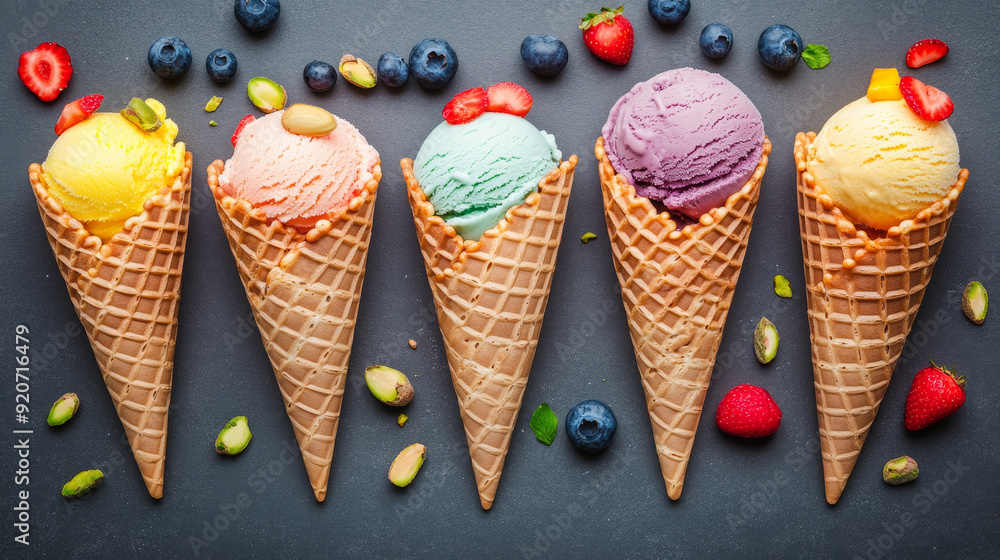"Six waffle cones, with vibrant scoops of ice cream in assorted flavors ...