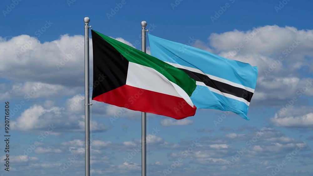 Botswana and Kuwait flags flying together, video concept of the relationship, two country relations concept Botswana and Kuwait flags flying together, video concept of the relationship, two country relations concept