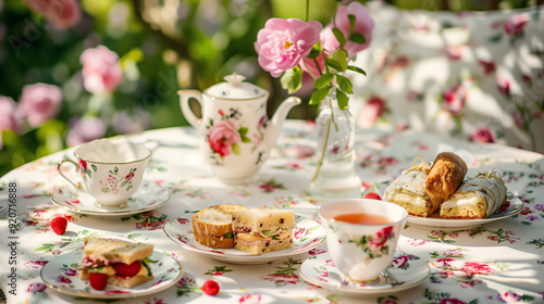 Wallpaper Mural Chic afternoon tea pairing, featuring a pot of tea, delicate teacups, and an array of finger sandwiches and scones, set on a floral tablecloth in a garden setting Torontodigital.ca