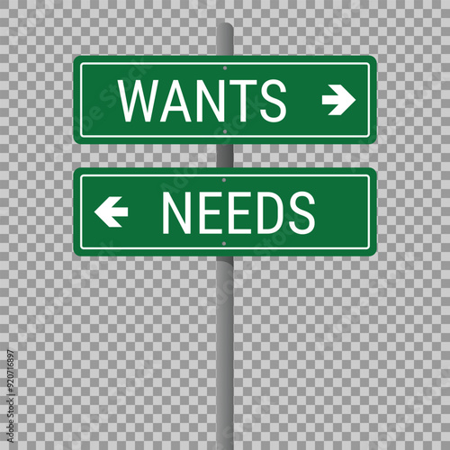 Road sign with two directional arrows wants and needs. Concept of choosing between desires and necessities. Vector illustration on grid background