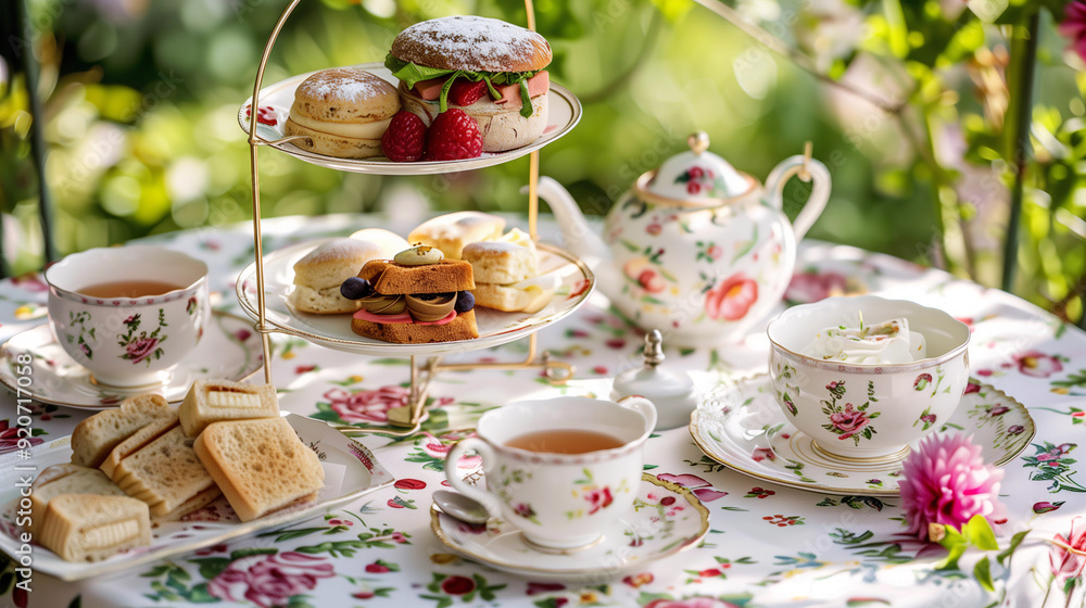 Chic afternoon tea pairing, featuring a pot of tea, delicate teacups, and an array of finger sandwiches and scones, set on a floral tablecloth in a garden setting Chic afternoon tea pairing, featuring a pot of tea, delicate teacups, and an array of finger sandwiches and scones, set on a floral tablecloth in a garden setting