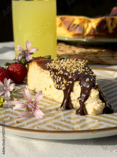 Popular Spanish cheesecake called San Sebastian cheesecake., Sliced san sebastian cheesecake with coffee on table