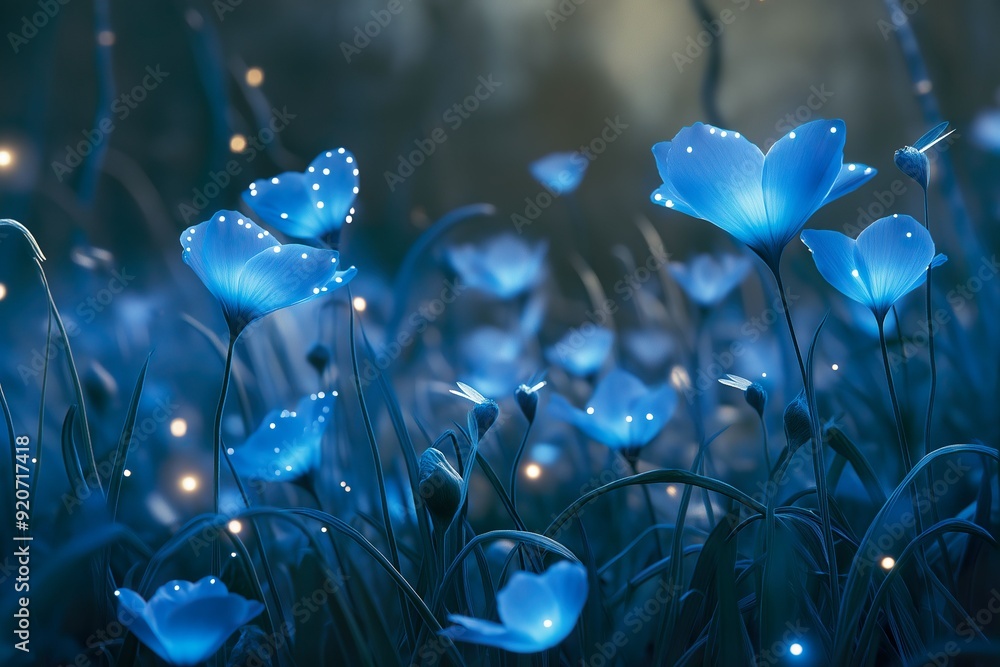 A garden of bioluminescent flowers glowing in the night, with a soft mist and fireflies A garden of bioluminescent flowers glowing in the night, with a soft mist and fireflies