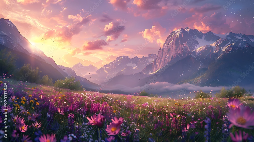 A digital artwork of a valley blanketed with wildflowers, surrounded by majestic mountains, twilight with soft purple and pink sky, detailed and magical, capturing the enchanting evening light, A digital artwork of a valley blanketed with wildflowers, surrounded by majestic mountains, twilight with soft purple and pink sky, detailed and magical, capturing the enchanting evening light,