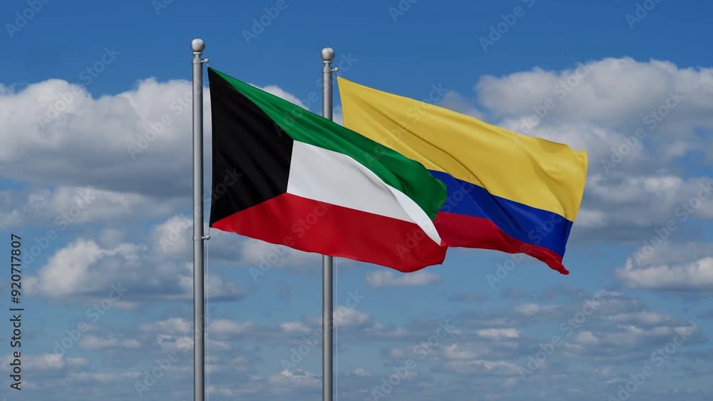 Colombia and Kuwait flags flying together, video concept of the relationship, two country cooperation concept Colombia and Kuwait flags flying together, video concept of the relationship, two country cooperation concept