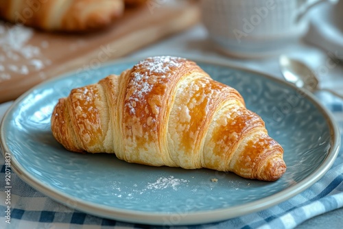 A freshly baked croissant on a plate, dusted with powdered sugar.