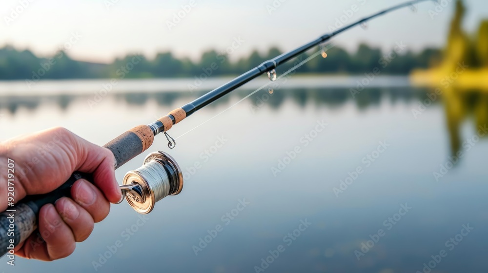 A close-up of a hand holding a fishing rod, with the line cast into a calm lake A close-up of a hand holding a fishing rod, with the line cast into a calm lake