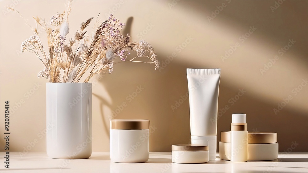 Minimal background for branding and product presentation. Cosmetic bottles and a jars of cream on a beige background. Mock up Minimal background for branding and product presentation. Cosmetic bottles and a jars of cream on a beige background. Mock up