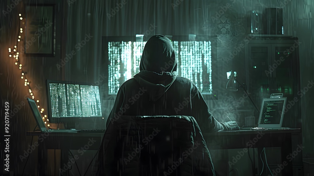 Hacker Sitting in a Computer Server Room, Surrounded by Technology and Code Hacker Sitting in a Computer Server Room, Surrounded by Technology and Code