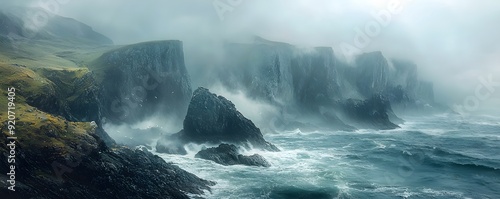 Majestic Rocky Cliffs Embracing the Ocean Amidst Mystery and Drama with Crashing Waves and Gloomy Skies