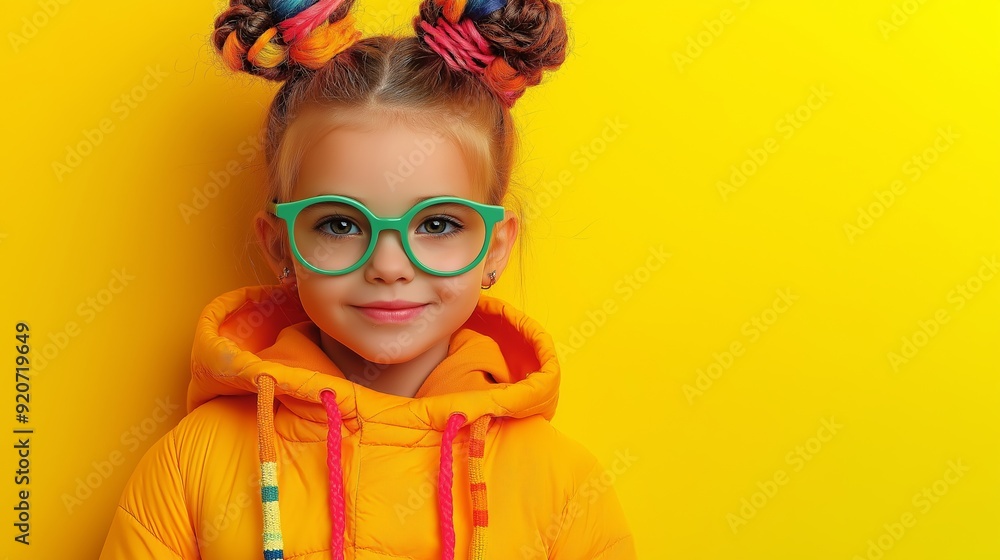 A young girl wearing glasses and a yellow hoodie is smiling. Concept of warmth and happiness, as the girl appears to be enjoying herself A young girl wearing glasses and a yellow hoodie is smiling. Concept of warmth and happiness, as the girl appears to be enjoying herself