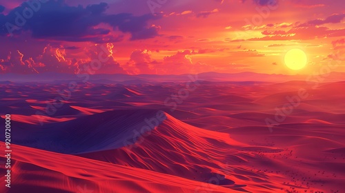 A digital artwork of a vast desert at sunset, with sweeping sand dunes and a hidden oasis, vibrant orange and pink sky, detailed and vivid, capturing the tranquil and serene atmosphere of the desert,