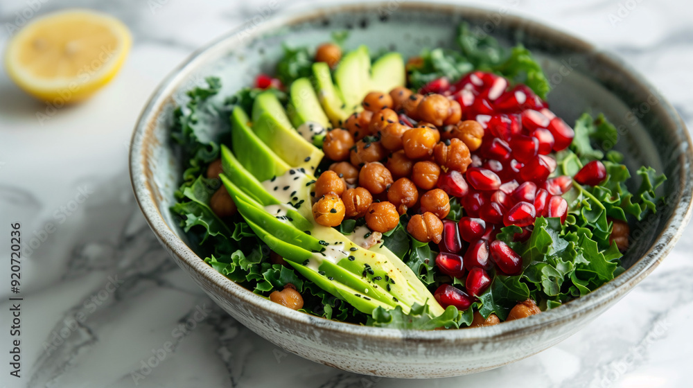 a fresh and crunchy kale salad, topped with avocado, roasted chickpeas, and pomegranate seeds, served in a ceramic bowl on a marble countertop with a lemon tahini dressing a fresh and crunchy kale salad, topped with avocado, roasted chickpeas, and pomegranate seeds, served in a ceramic bowl on a marble countertop with a lemon tahini dressing