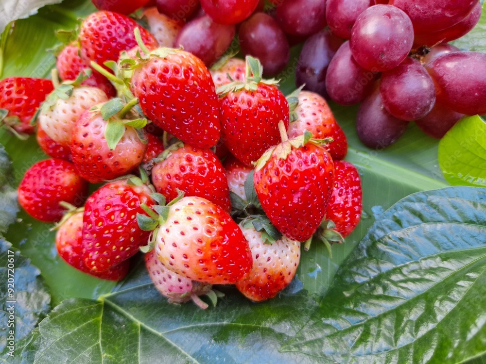 Photo of red strawberry and purple grapes on green leaves. Photo of red strawberry and purple grapes on green leaves.