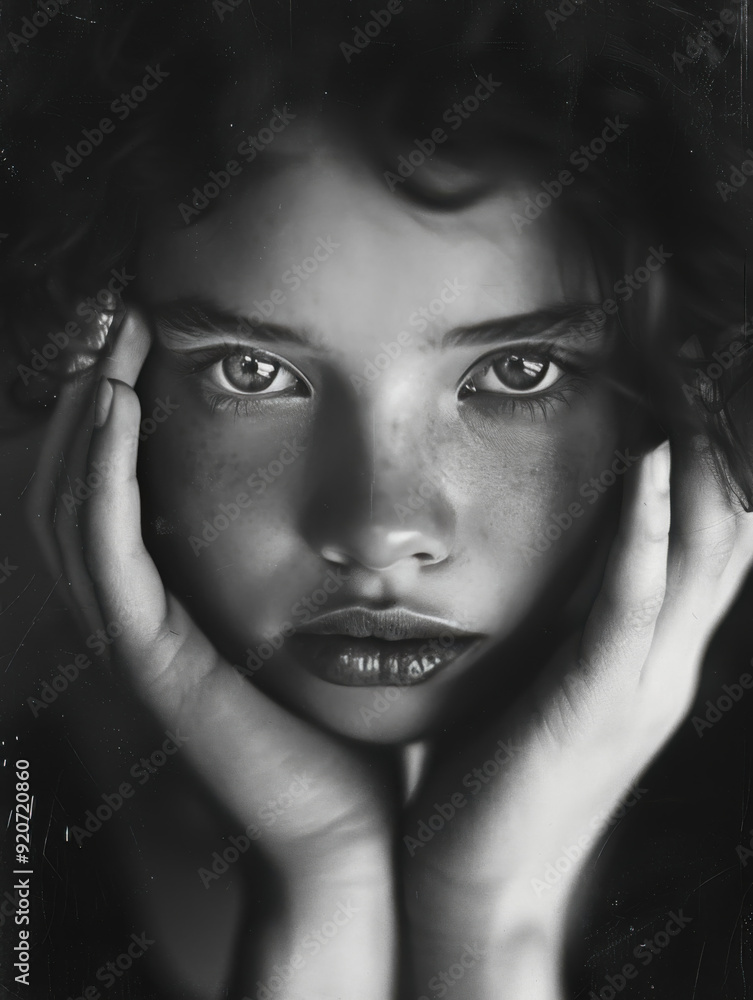Fototapeta premium Intense Portrait of Young Woman in Dramatic Black and White Lighting