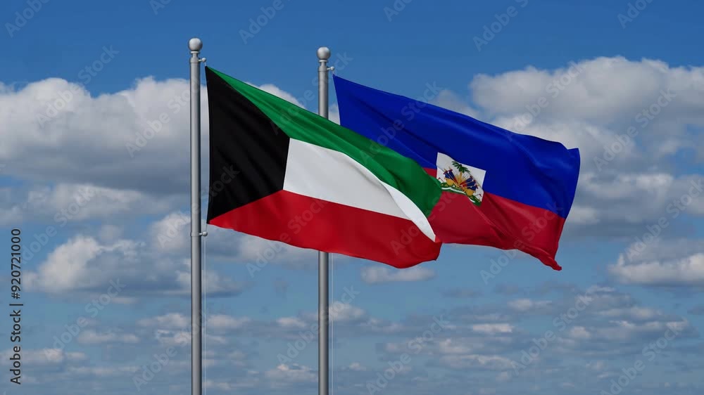 Haiti and Kuwait flags flying together, video concept of the relationship, two country relations concept Haiti and Kuwait flags flying together, video concept of the relationship, two country relations concept