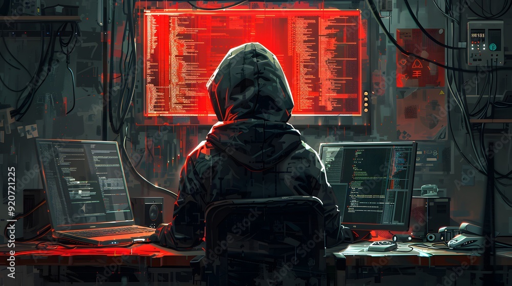 Hacker Sitting in a Computer Server Room, Surrounded by Technology and Code Hacker Sitting in a Computer Server Room, Surrounded by Technology and Code