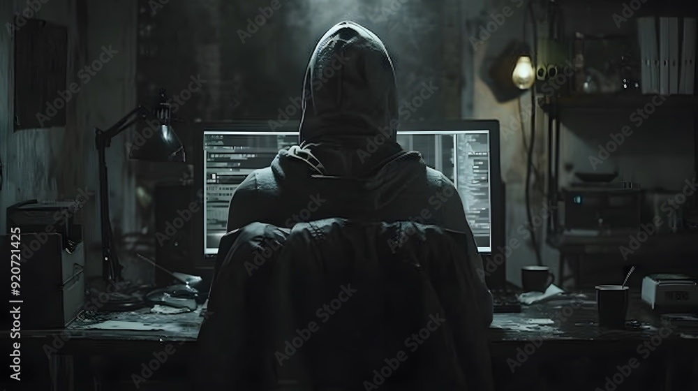 Hacker Sitting in a Computer Server Room, Surrounded by Technology and Code Hacker Sitting in a Computer Server Room, Surrounded by Technology and Code