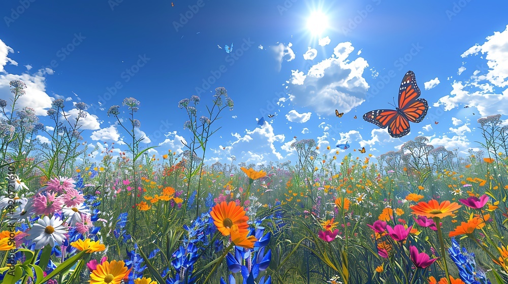A digital artwork of a vibrant spring meadow, with wildflowers in full bloom and butterflies fluttering, midday with bright sunlight, detailed and vivid, A digital artwork of a vibrant spring meadow, with wildflowers in full bloom and butterflies fluttering, midday with bright sunlight, detailed and vivid,
