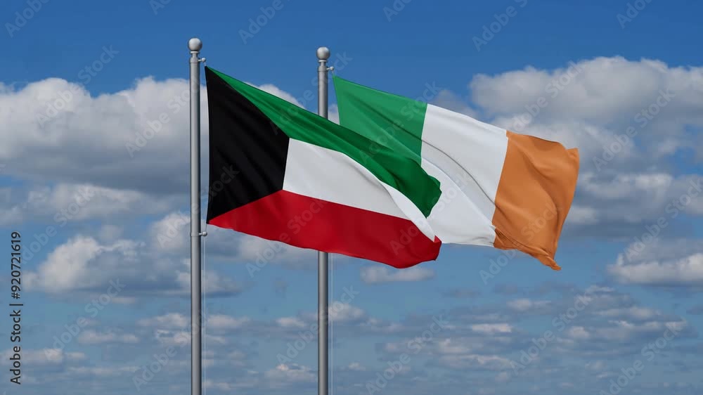 Ireland and Kuwait flags flying together, video concept of the relationship, two country relations concept Ireland and Kuwait flags flying together, video concept of the relationship, two country relations concept