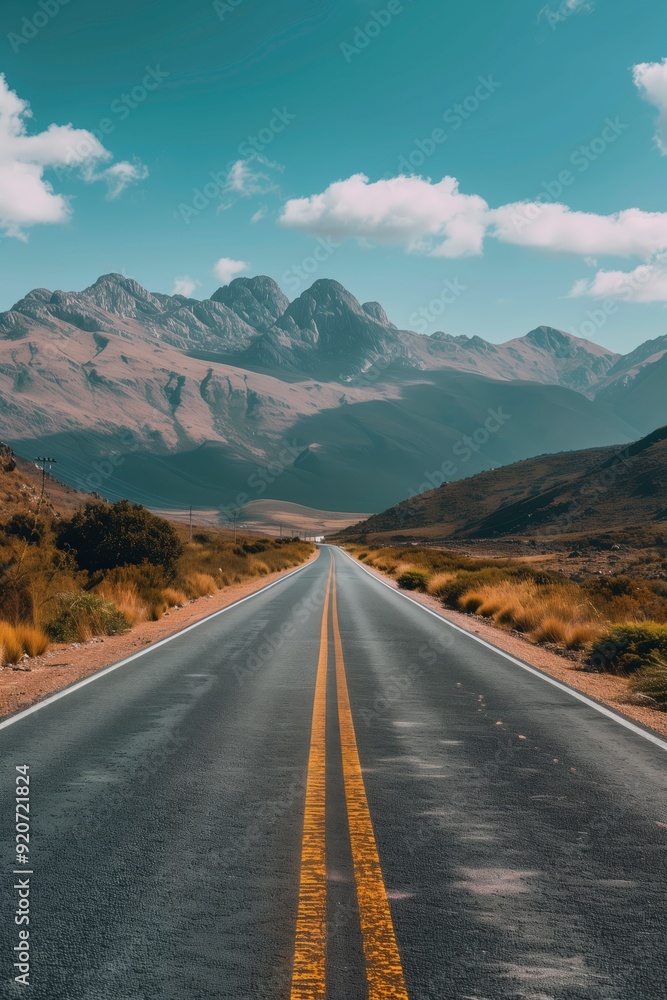 A long road stretches through a mountainous landscape under a clear blue sky. A long road stretches through a mountainous landscape under a clear blue sky.