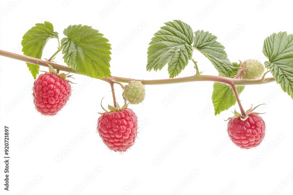Mystic photo of Meeker Raspberry on the vine, isolated on white background Mystic photo of Meeker Raspberry on the vine, isolated on white background