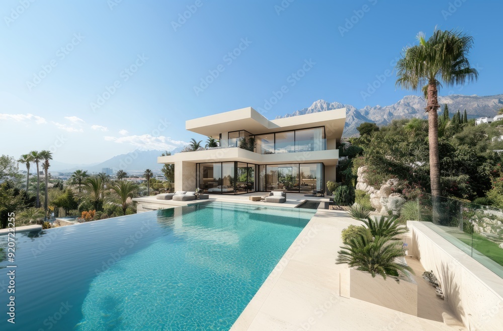 Luxury beach house with mountain view swimming pool and terrace in modern design. Lounge sun beds deck at vacation home or hotel. Contemporary holiday villa exterior Luxury beach house with mountain view swimming pool and terrace in modern design. Lounge sun beds deck at vacation home or hotel. Contemporary holiday villa exterior