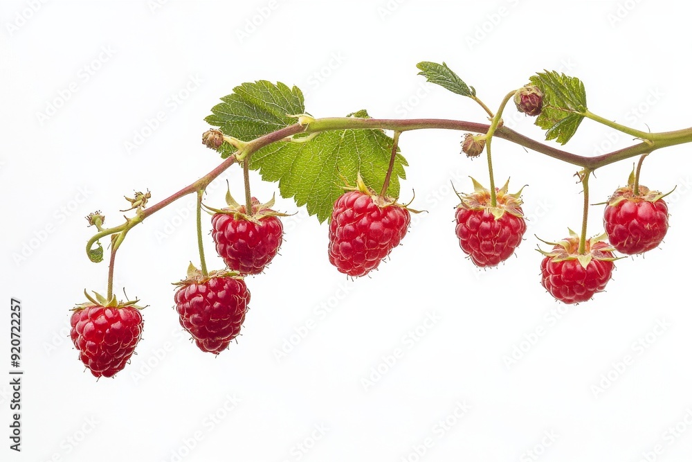 Mystic photo of Tulameen Raspberry on the vine, isolated on white background Mystic photo of Tulameen Raspberry on the vine, isolated on white background