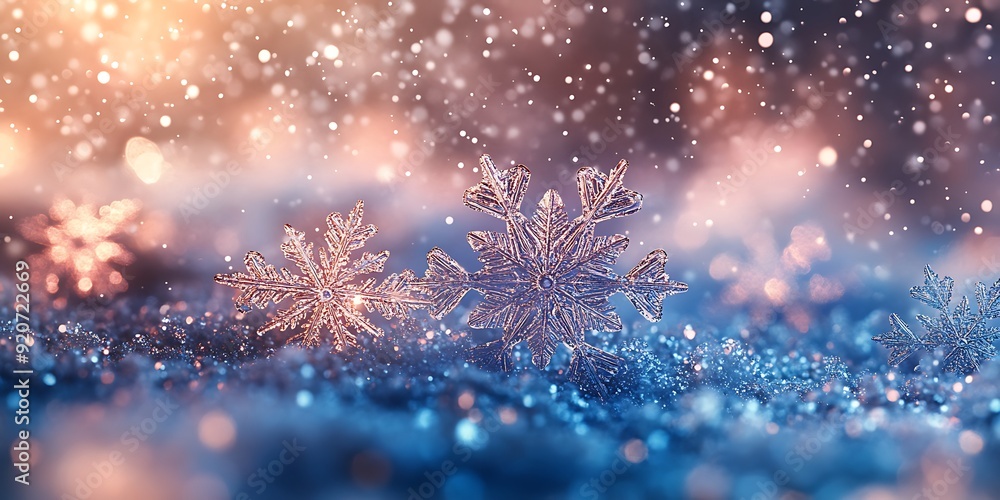 Snowflakes sparkle on a soft gradient background with silver, blue, and white hues. Snowflakes sparkle on a soft gradient background with silver, blue, and white hues.