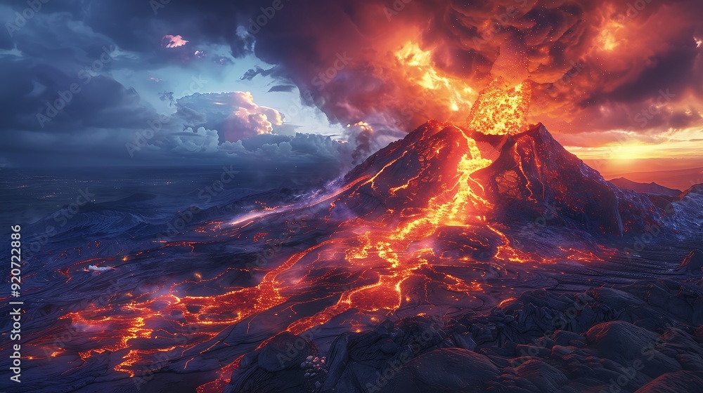 A digital artwork of a volcanic eruption with lava flowing and ash clouds rising into the sky, early morning with soft light, detailed and tranquil, A digital artwork of a volcanic eruption with lava flowing and ash clouds rising into the sky, early morning with soft light, detailed and tranquil,