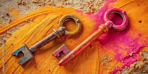 Vibrant pink and orange hues blend in a whimsical beachscape featuring a pair of worn, weathered keys lying on a textured, sandy surface. photo