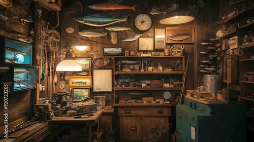 A cozy workshop filled with fishing memorabilia and tools.