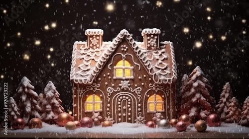Wallpaper Mural A beautifully crafted gingerbread house showcases intricate designs against a snowy, twinkling backdrop, capturing the essence of holiday spirit, christmas mood Torontodigital.ca