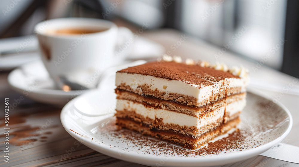 a slice of tiramisu, featuring distinct layers of mascarpone cheese, coffee-soaked ladyfingers, and cocoa powder, served on a white plate with an espresso cup beside it a slice of tiramisu, featuring distinct layers of mascarpone cheese, coffee-soaked ladyfingers, and cocoa powder, served on a white plate with an espresso cup beside it