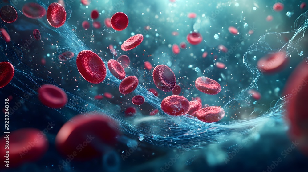 A detailed medical illustration of red blood cells moving through a vein, with a focus on their smooth, round structure and their clustering together as they circulate through the body