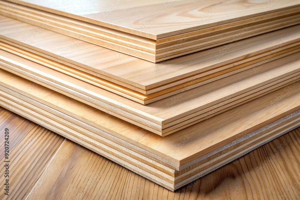 Neatly arranged stack of plywood boards in various sizes, showcasing the wood grain texture and natural patterns, against a clean and minimalist background. Neatly arranged stack of plywood boards in various sizes, showcasing the wood grain texture and natural patterns, against a clean and minimalist background.