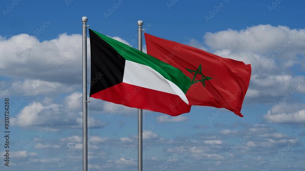 Morocco and Kuwait flags flying together, video concept of the relationship, two country relations concept Morocco and Kuwait flags flying together, video concept of the relationship, two country relations concept
