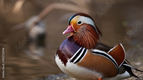 A colorful bird standing on the ground next to water, AI