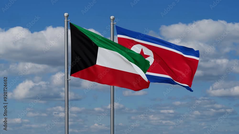 North Korea and Kuwait flags flying together, video concept of the relationship North Korea and Kuwait flags flying together, video concept of the relationship