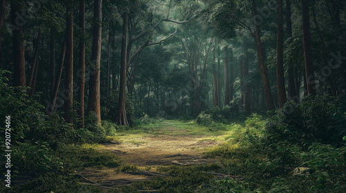 A serene, empty clearing in a dense forest, where the surrounding trees and plants seem to be slowly encroaching