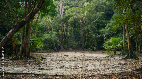 A serene, empty clearing in a dense forest, where the surrounding trees and plants seem to be slowly encroaching