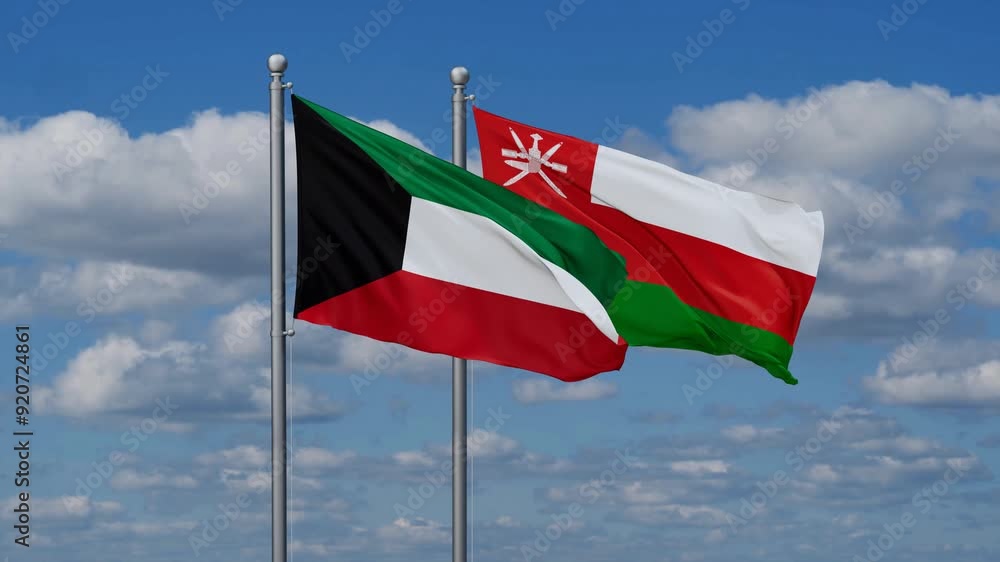 Oman and Kuwait flags flying together, video concept of the relationship, two country cooperation concept Oman and Kuwait flags flying together, video concept of the relationship, two country cooperation concept