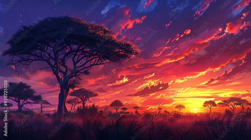 A digital artwork of an African savannah at sunset, with acacia trees and wildlife silhouetted against a colorful sky, detailed and peaceful, A digital artwork of an African savannah at sunset, with acacia trees and wildlife silhouetted against a colorful sky, detailed and peaceful,