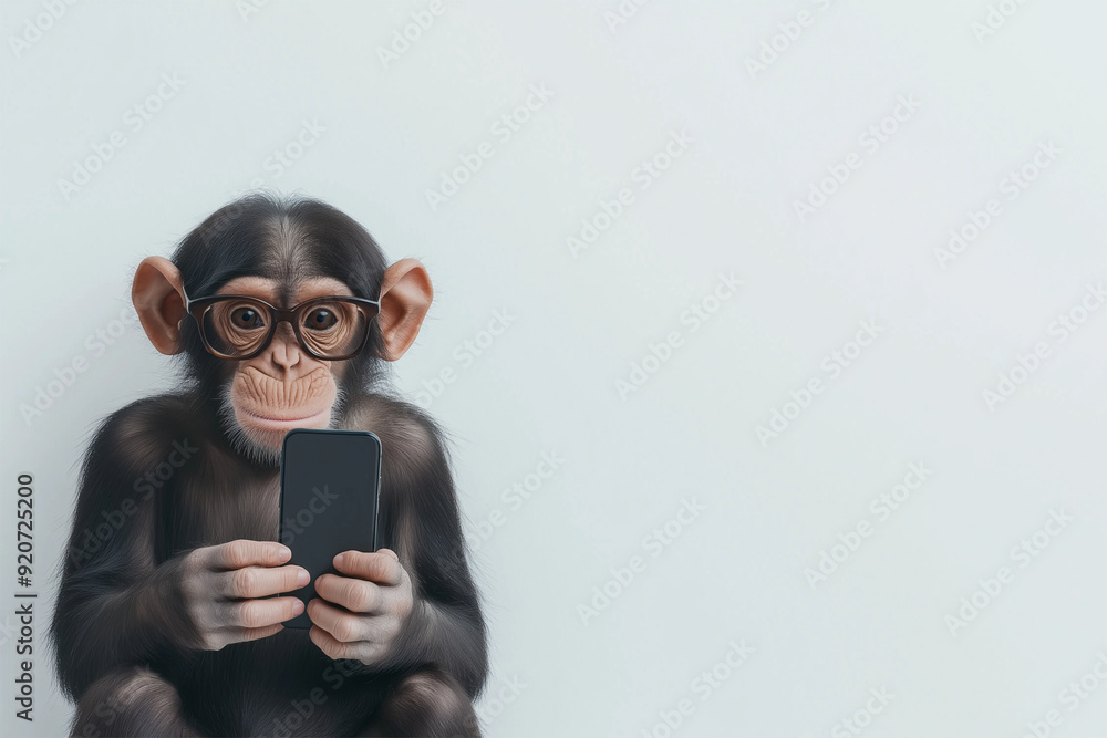 Chimpanzee Wearing Glasses Engrossed in Smartphone Usage Against Plain Background Chimpanzee Wearing Glasses Engrossed in Smartphone Usage Against Plain Background